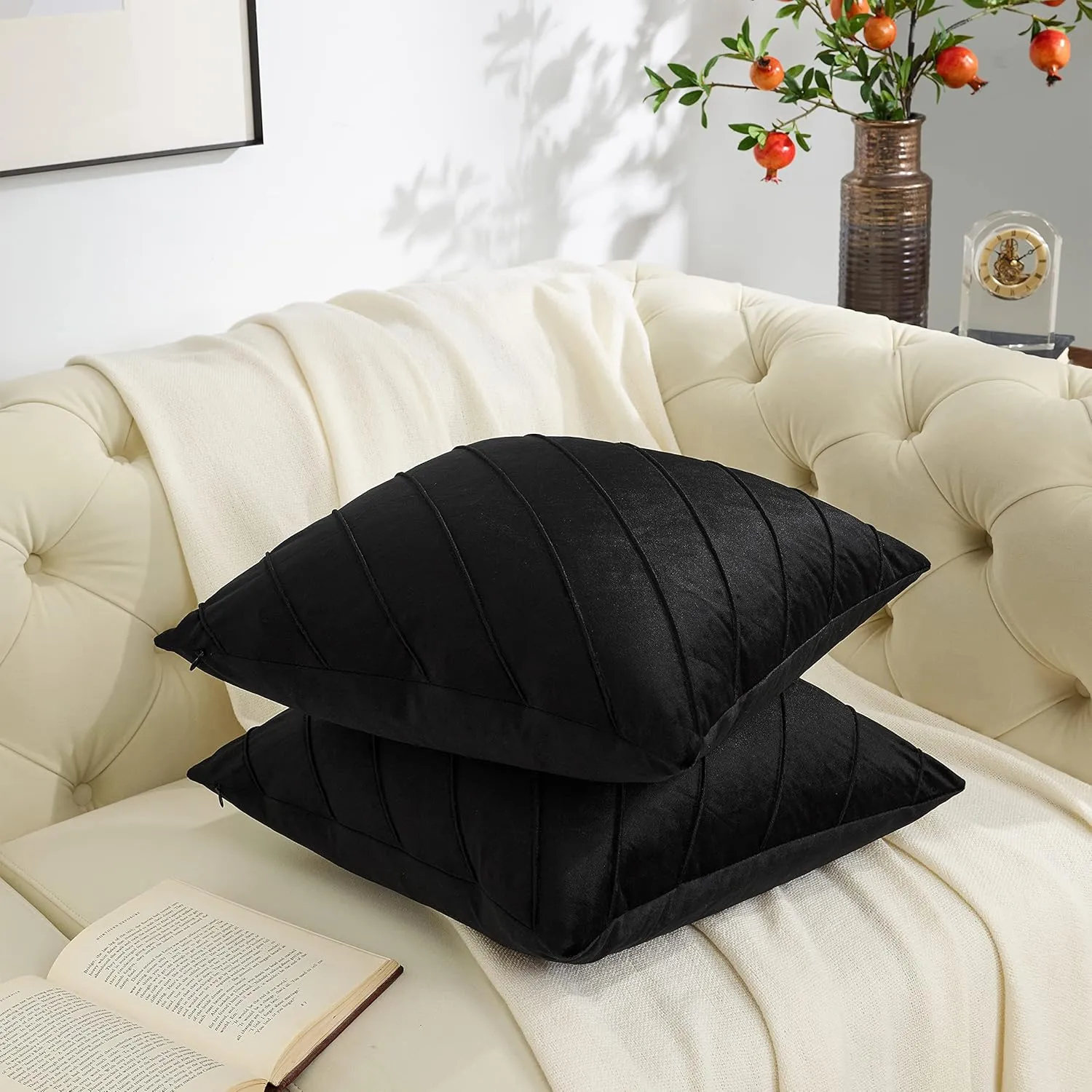 GIGIZAZA Decorative Velvet Pillow Covers 16x16, Set of 2 Black Sofa Couch Throw Pillows Covers Cases, Living Room Square Cushion Accent Stripe Covers