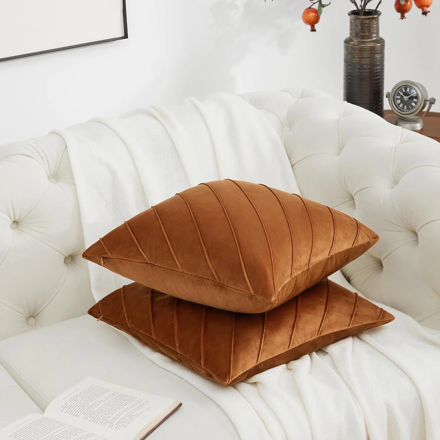 GIGIZAZA Decorative Velvet Pillow Covers 16x16, Set of 2 Burnt Orange Sofa Couch Throw Pillows Covers Cases, Living Room Square Cushion Accent Stripe Covers