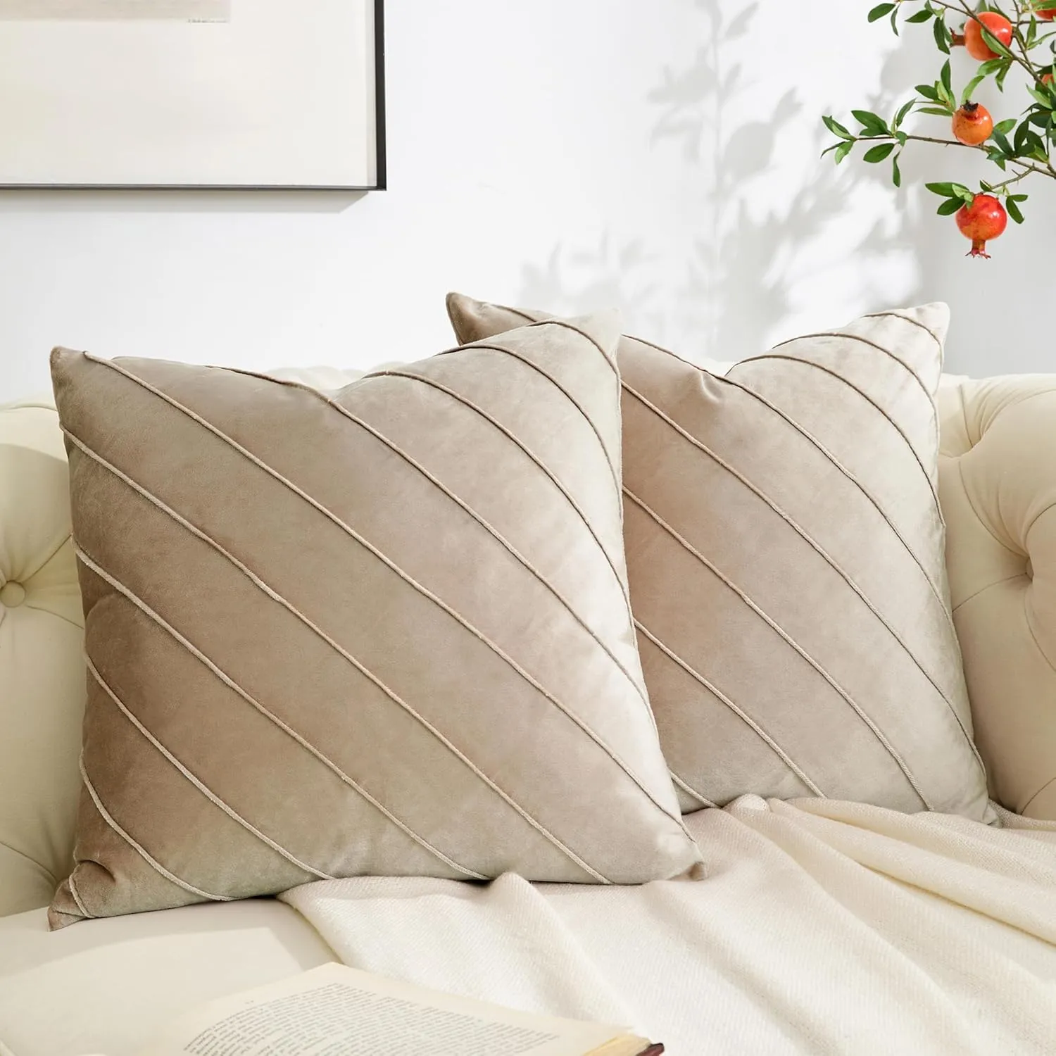 GIGIZAZA Decorative Velvet Pillow Covers 16x16, Set of 2 Champagne Sofa Couch Throw Pillows Covers Cases, Living Room Square Cushion Accent Stripe Covers