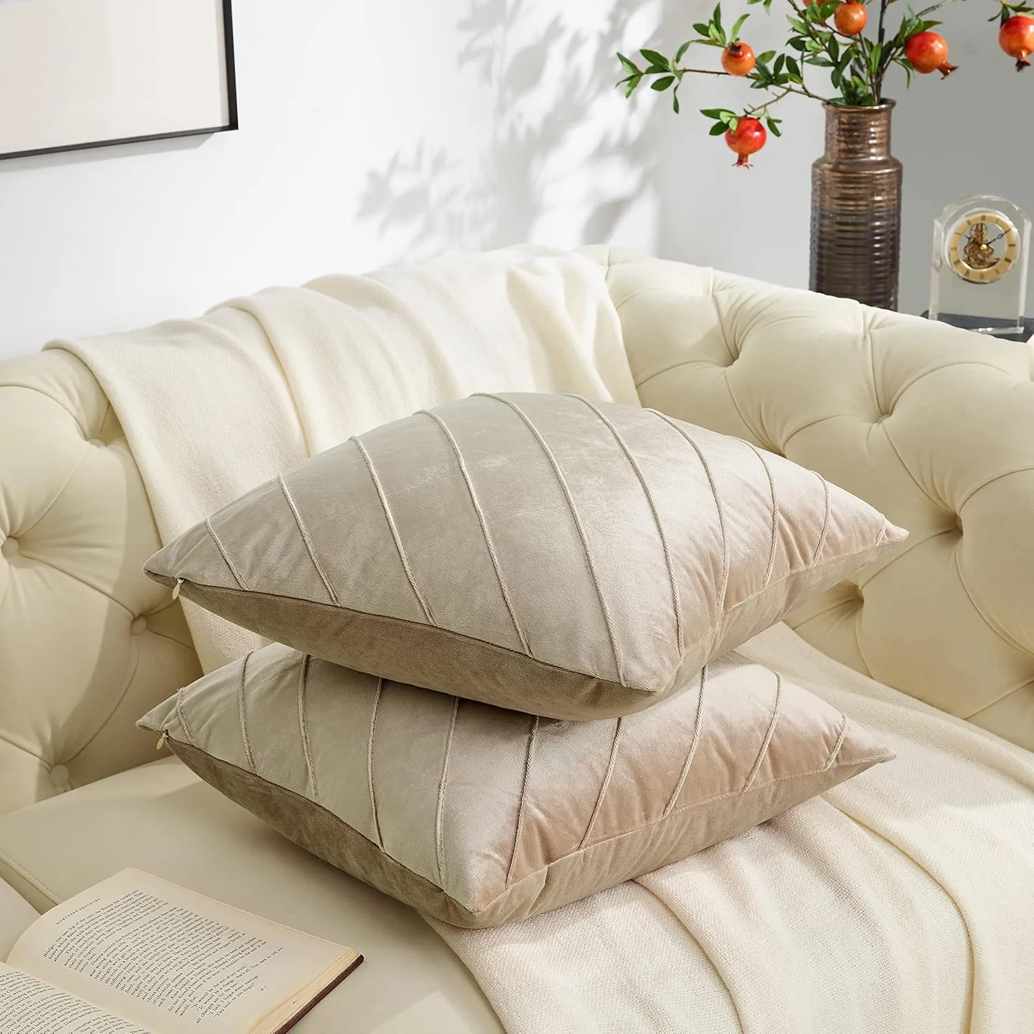 GIGIZAZA Decorative Velvet Pillow Covers 16x16, Set of 2 Champagne Sofa Couch Throw Pillows Covers Cases, Living Room Square Cushion Accent Stripe Covers
