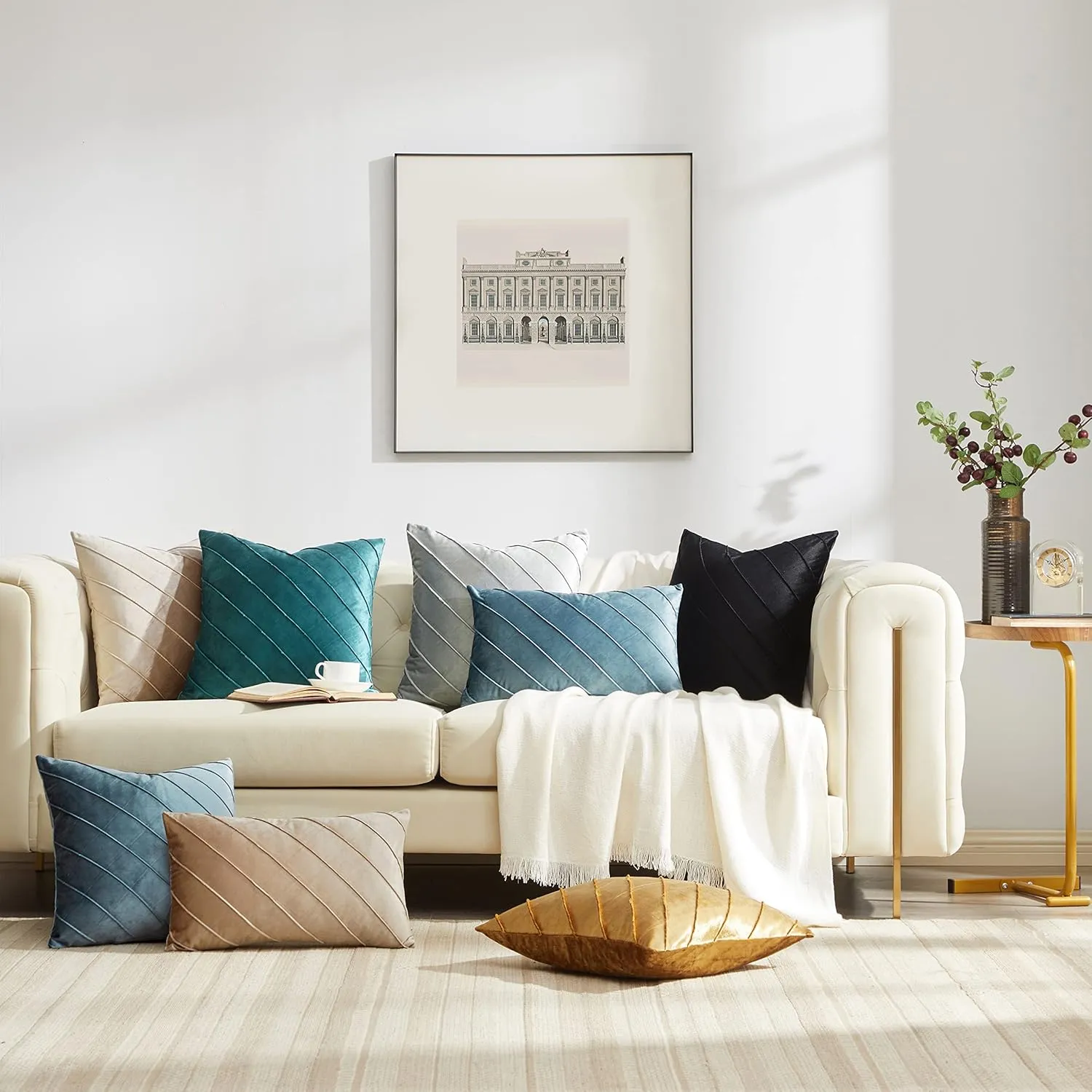 GIGIZAZA Decorative Velvet Pillow Covers 16x16, Set of 2 Champagne Sofa Couch Throw Pillows Covers Cases, Living Room Square Cushion Accent Stripe Covers