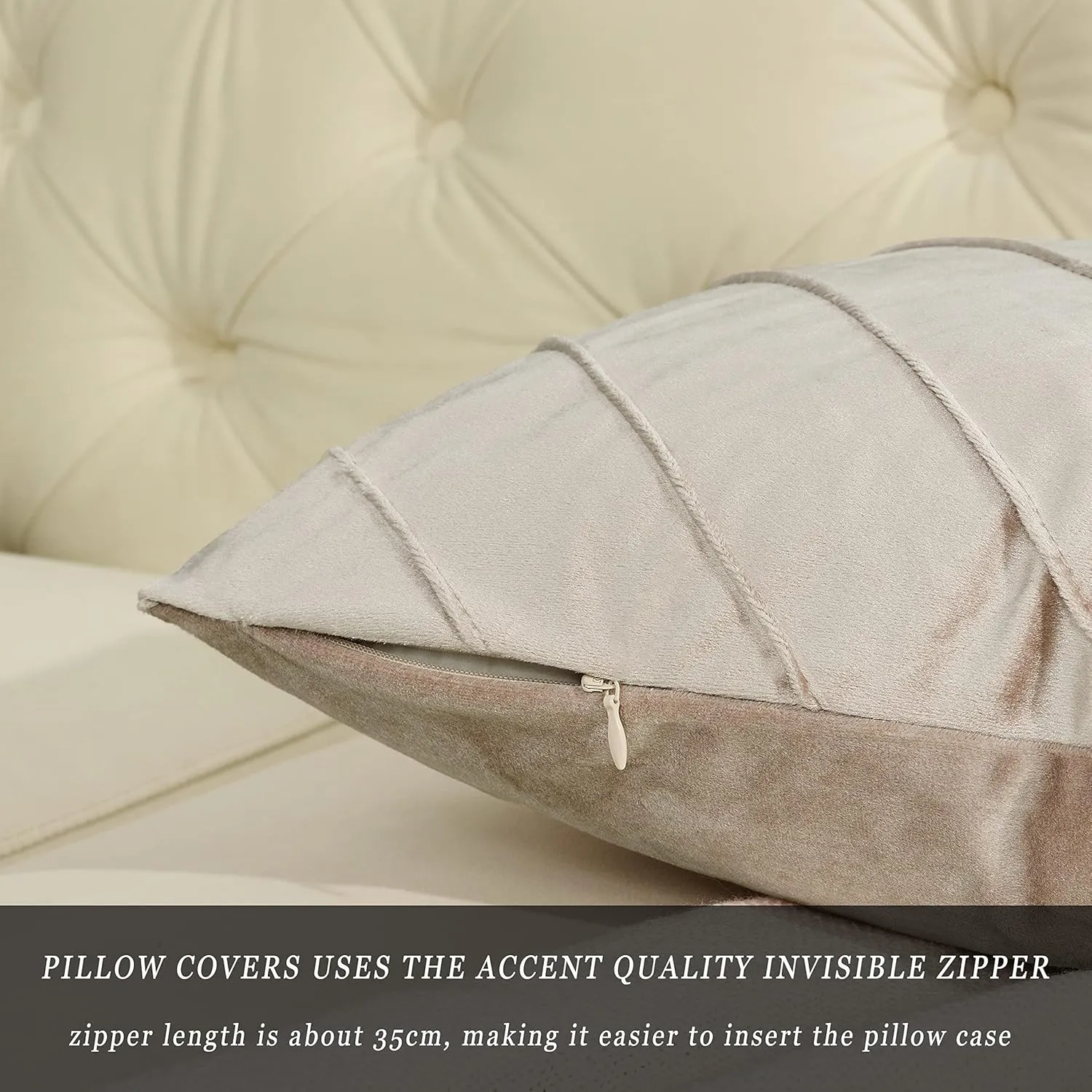GIGIZAZA Decorative Velvet Pillow Covers 16x16, Set of 2 Champagne Sofa Couch Throw Pillows Covers Cases, Living Room Square Cushion Accent Stripe Covers