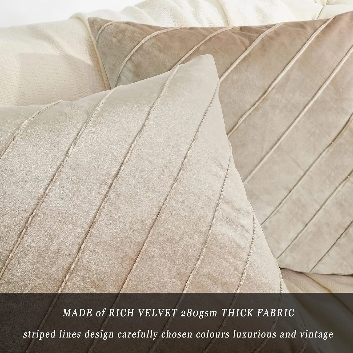 GIGIZAZA Decorative Velvet Pillow Covers 16x16, Set of 2 Champagne Sofa Couch Throw Pillows Covers Cases, Living Room Square Cushion Accent Stripe Covers