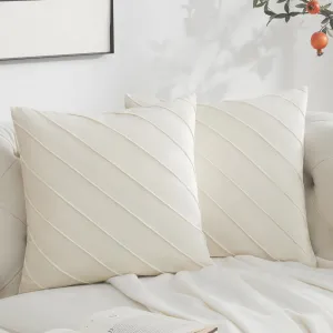 GIGIZAZA Decorative Velvet Pillow Covers 18x18, Set of 2 Ivory Sofa Couch Throw Pillows Covers Cases, Living Room Square Cushion Accent Stripe Covers