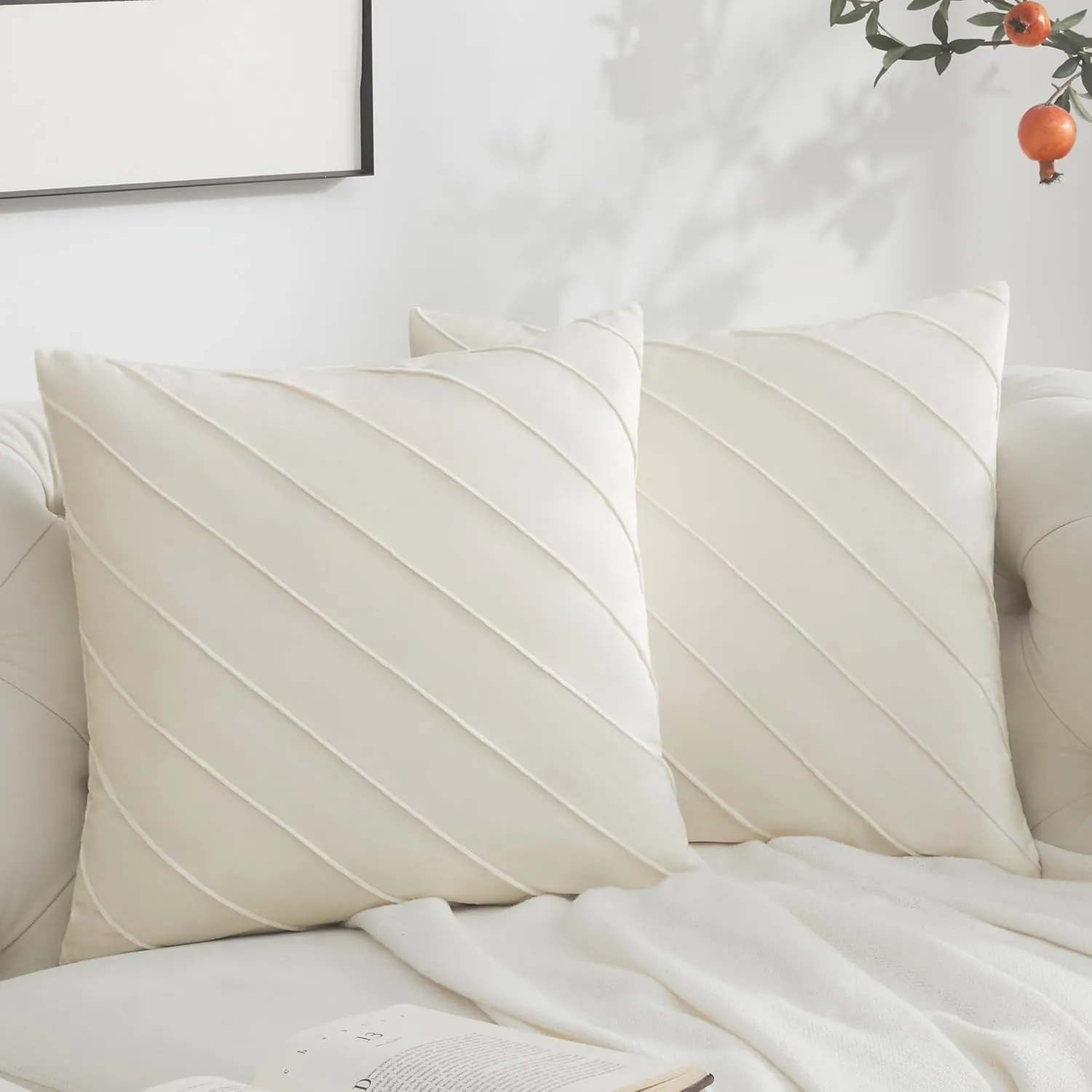 GIGIZAZA Decorative Velvet Pillow Covers 18x18, Set of 2 Ivory Sofa Couch Throw Pillows Covers Cases, Living Room Square Cushion Accent Stripe Covers