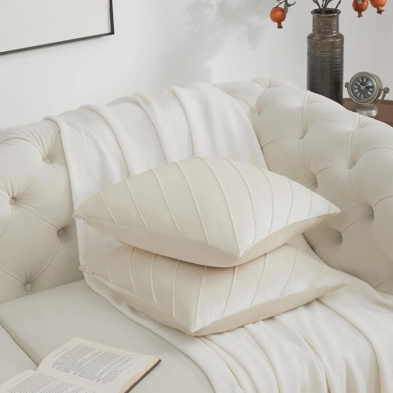 GIGIZAZA Decorative Velvet Pillow Covers 18x18, Set of 2 Ivory Sofa Couch Throw Pillows Covers Cases, Living Room Square Cushion Accent Stripe Covers
