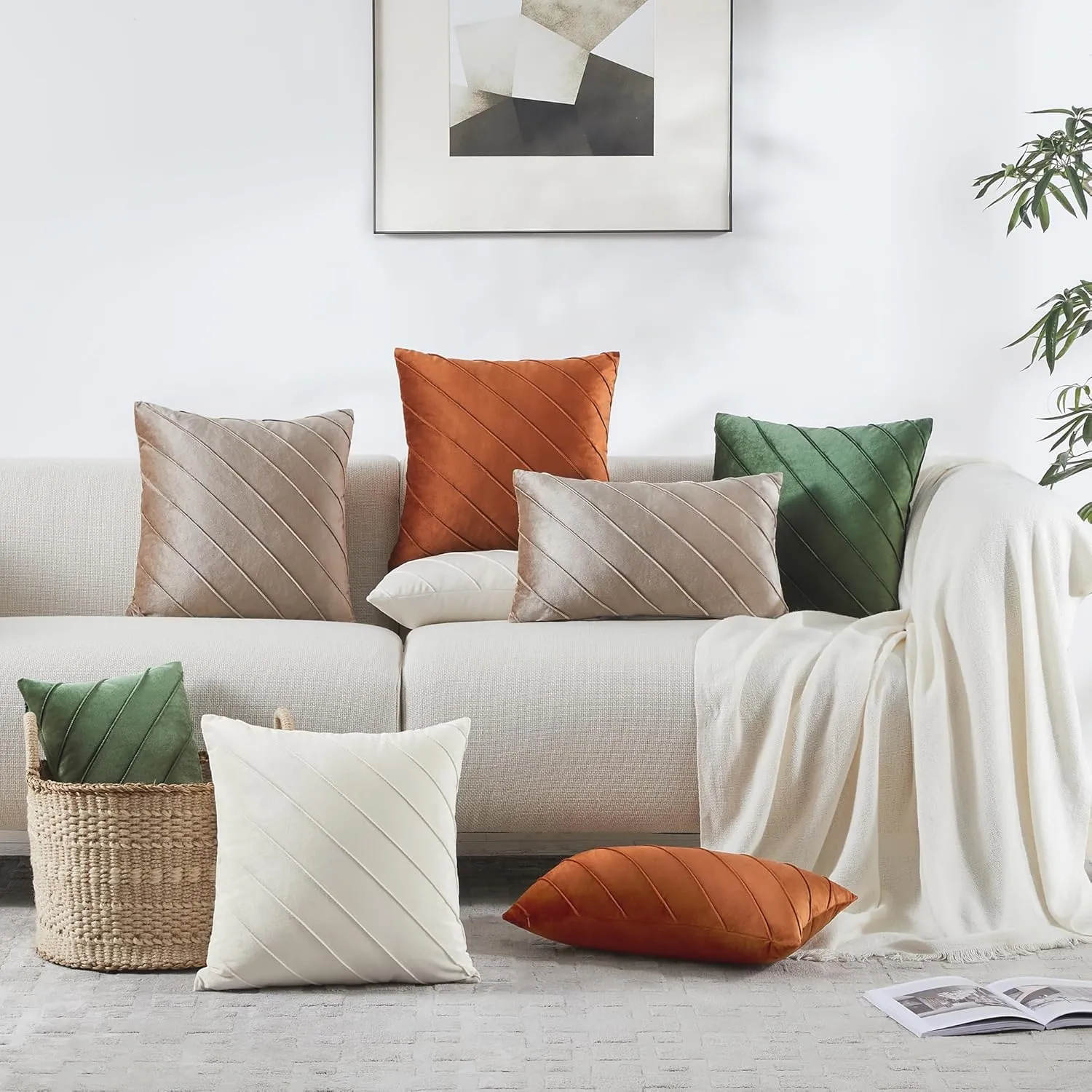 GIGIZAZA Decorative Velvet Pillow Covers 18x18, Set of 2 Ivory Sofa Couch Throw Pillows Covers Cases, Living Room Square Cushion Accent Stripe Covers