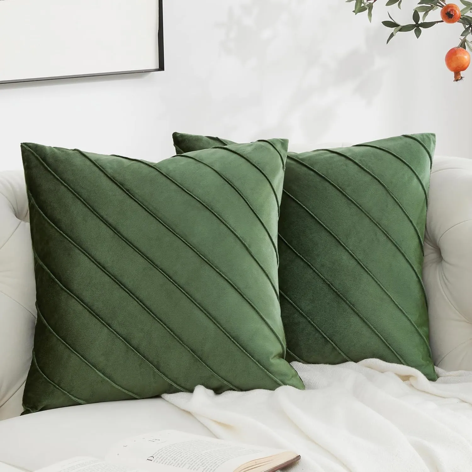 GIGIZAZA Decorative Velvet Pillow Covers 18x18, Set of 2 Olive Green Sofa Couch Throw Pillows Covers Cases, Living Room Square Cushion Accent Stripe Covers