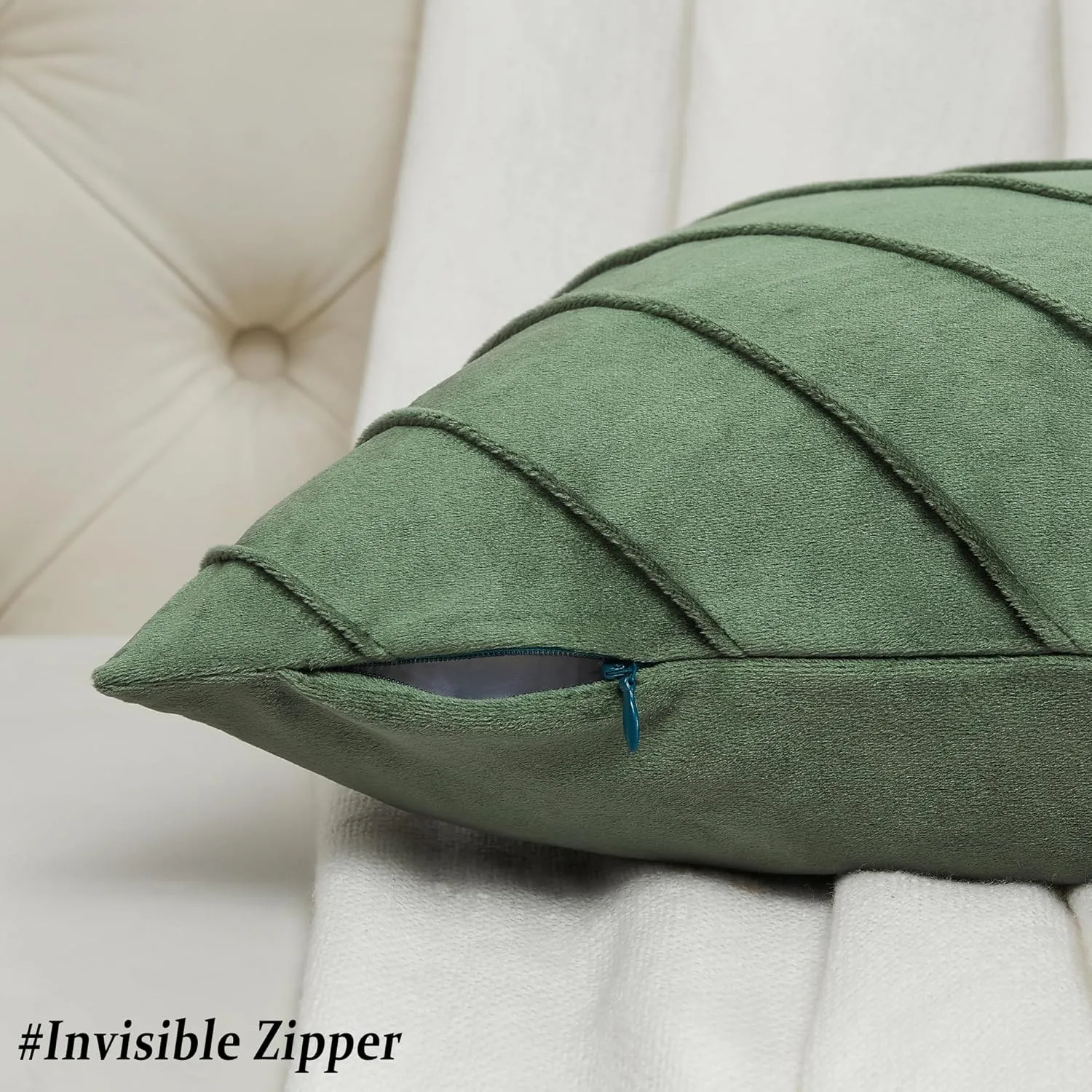 GIGIZAZA Decorative Velvet Pillow Covers 18x18, Set of 2 Olive Green Sofa Couch Throw Pillows Covers Cases, Living Room Square Cushion Accent Stripe Covers