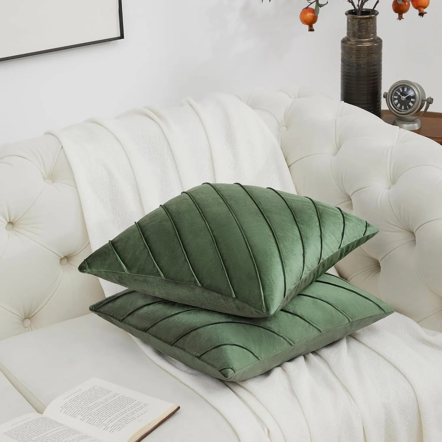 GIGIZAZA Decorative Velvet Pillow Covers 18x18, Set of 2 Olive Green Sofa Couch Throw Pillows Covers Cases, Living Room Square Cushion Accent Stripe Covers