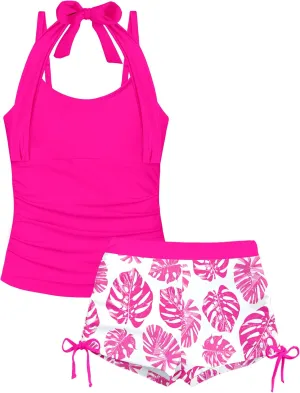 Girls Swimsuit 2 Piece Halterneck Girls Tankini Swimsuit Drawstring Printed Swim Shorts Girl Bathing Suit for 7-16T