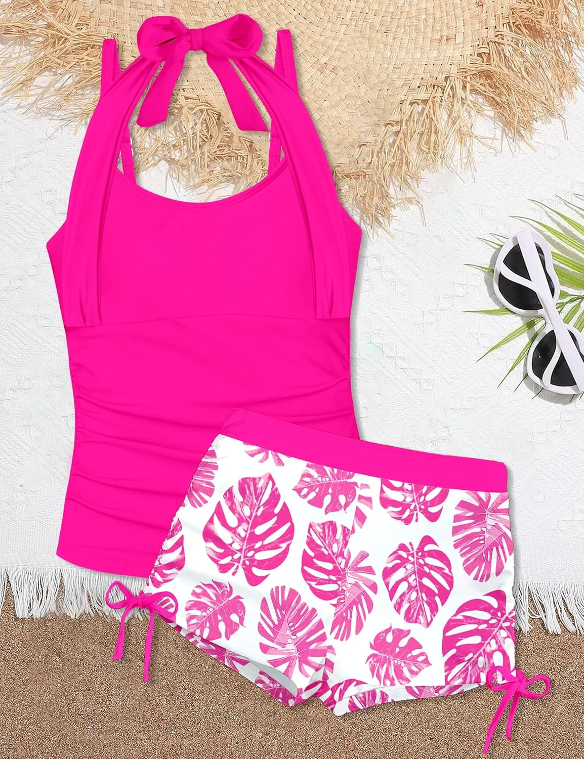 Girls Swimsuit 2 Piece Halterneck Girls Tankini Swimsuit Drawstring Printed Swim Shorts Girl Bathing Suit for 7-16T
