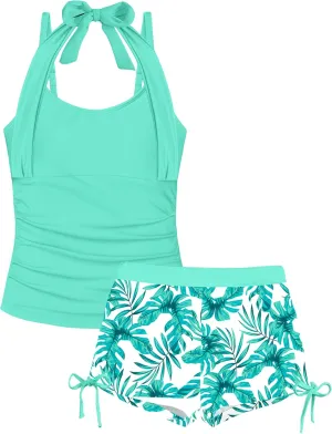 Girls Swimsuit 2 Piece Halterneck Girls Tankini Swimsuit Drawstring Printed Swim Shorts Girl Bathing Suit for 7-16T