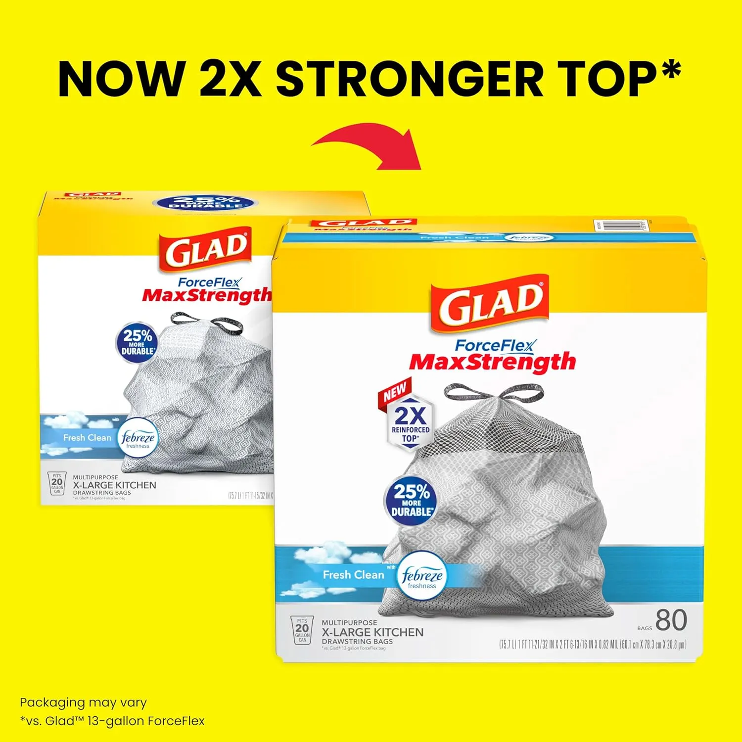 Glad ForceFlex MaxStrength Kitchen Drawstring Trash Bags, 20 Gal, Fresh Clean, 80 Ct, Pack May Vary