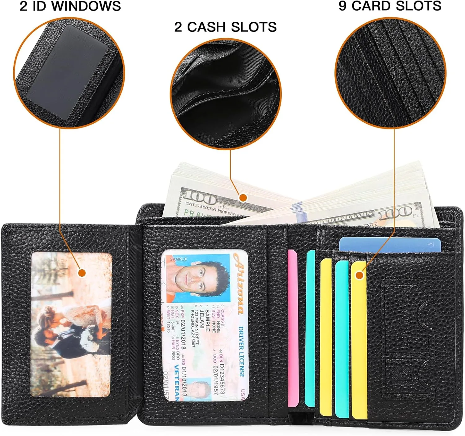 GOIACII Slim Wallet for Men Genuine Leather RFID Blocking Trifold Wallet with 2 ID Window