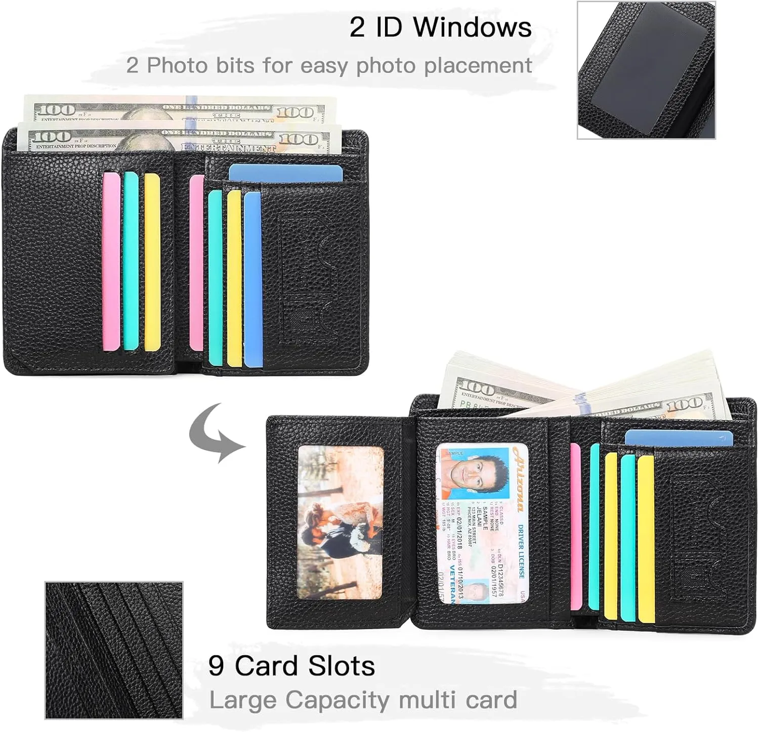 GOIACII Slim Wallet for Men Genuine Leather RFID Blocking Trifold Wallet with 2 ID Window