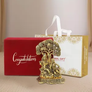 Gold Plated Radha Krishna Idol Classic Statue | Congratulations Tag with Velvet Box & Carry Bag | for Home, Pooja, Mandir Decor & Return Gift