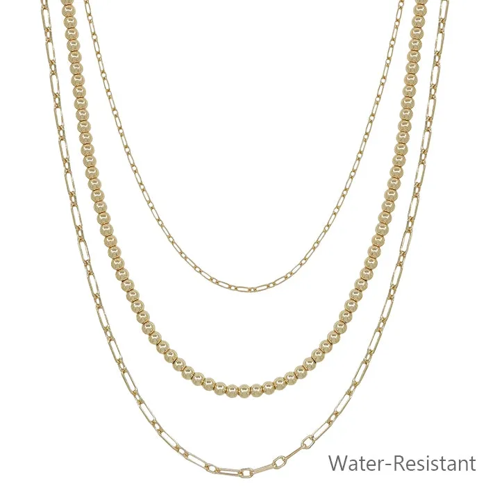 Gold Triple Chain Beaded Water Resistant 16"-18" Necklace