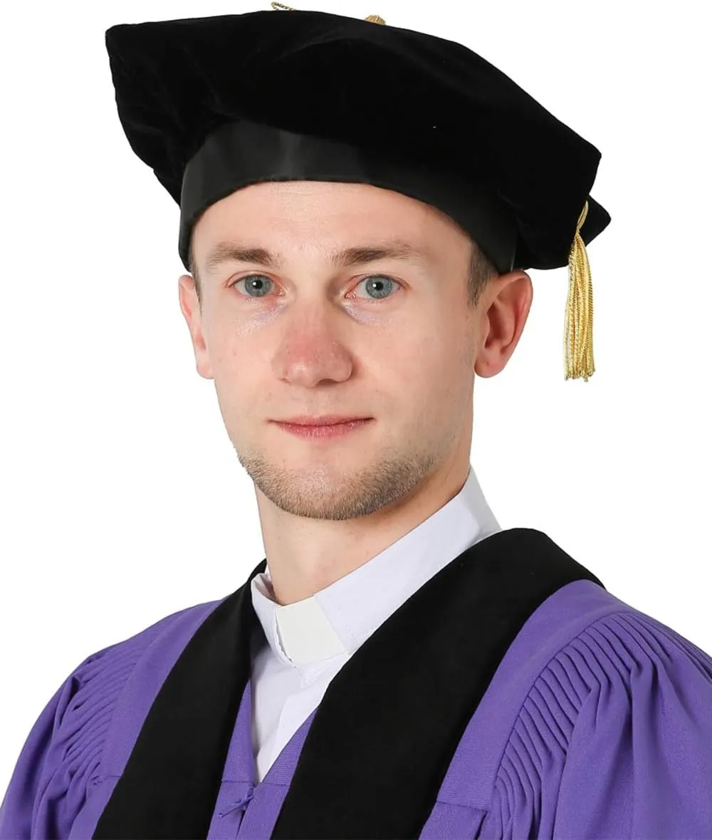 GraduatePro Doctoral Graduation Tam PhD Blue/Black Velvet with Gold Bullion Tassel, 8-Sided/6 Sided/4 Sided Doctorate Cap