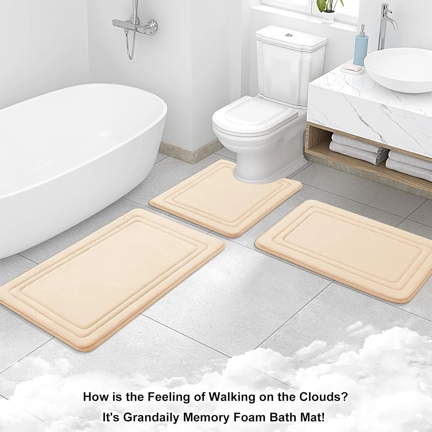 Grandaily Memory Foam Bath Mat Rug 30x20, Ultra Soft, Non-Slip and Absorbent Bathroom Rugs, Machine Wash Dry, Comfortable Bath Carpet for Bathroom Floor, Tub and Shower, Beige