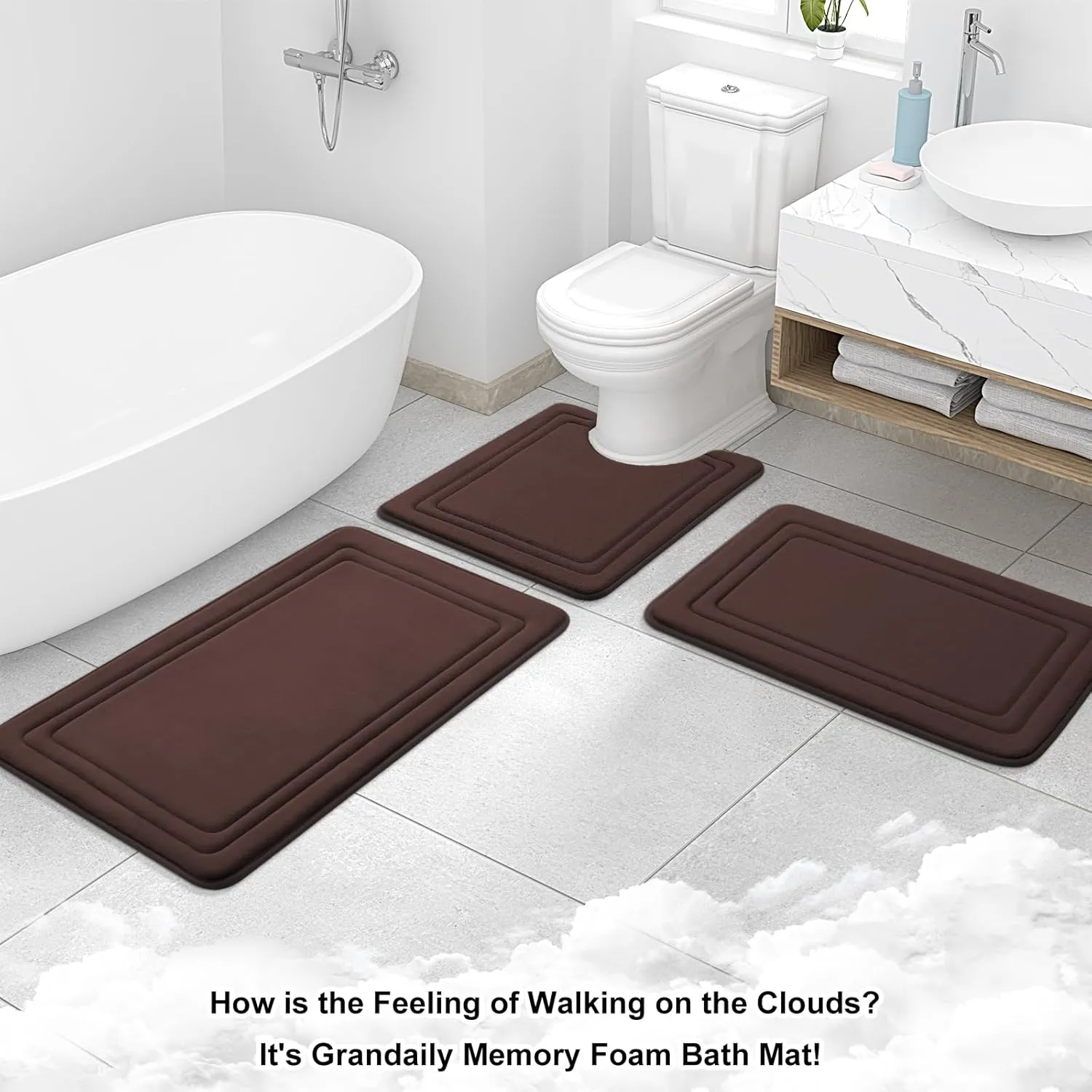 Grandaily Memory Foam Bath Mat Rug 30x20, Ultra Soft, Non-Slip and Absorbent Bathroom Rugs, Machine Wash Dry, Comfortable Bath Carpet for Bathroom Floor, Tub and Shower, Brown
