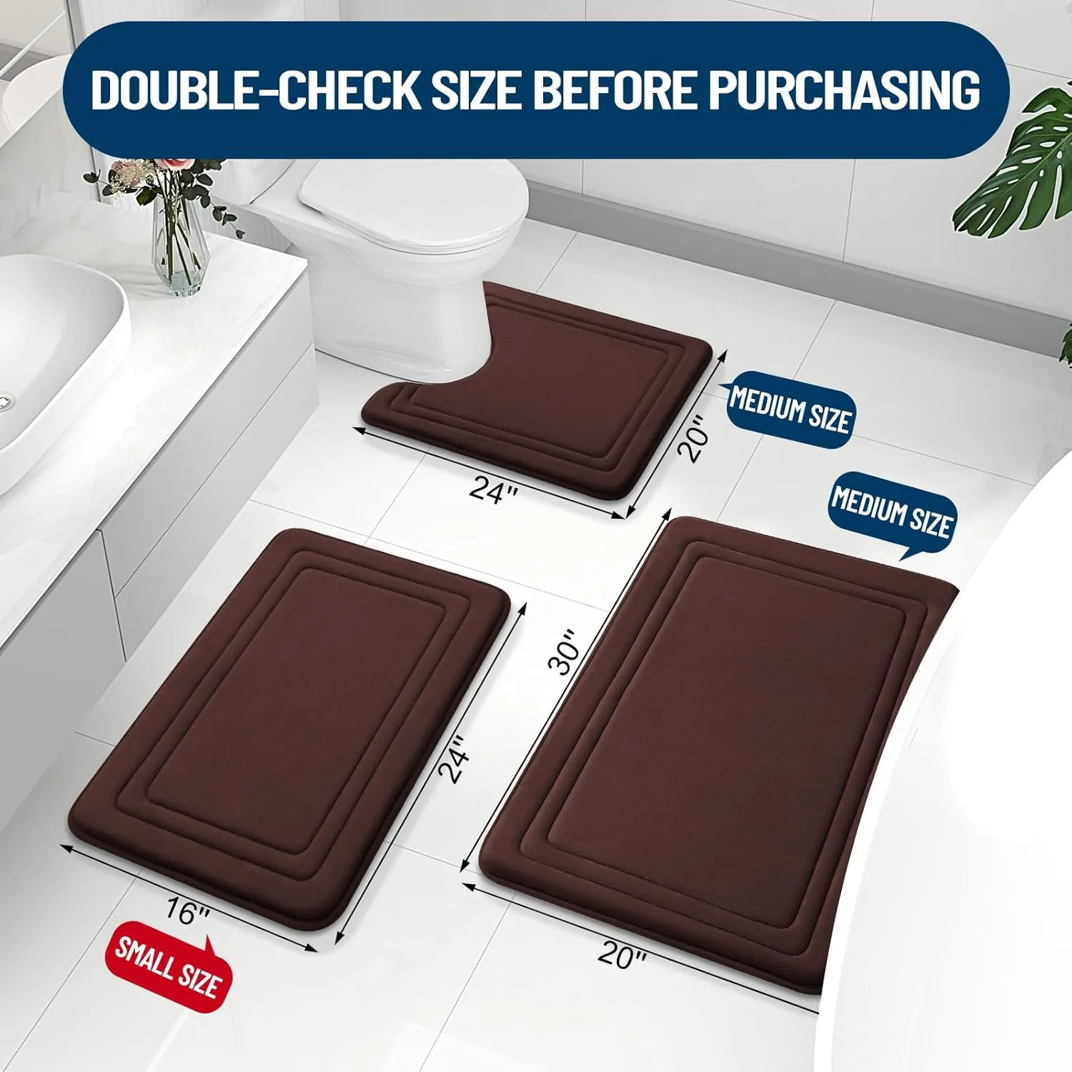 Grandaily Memory Foam Bath Mat Rug 30x20, Ultra Soft, Non-Slip and Absorbent Bathroom Rugs, Machine Wash Dry, Comfortable Bath Carpet for Bathroom Floor, Tub and Shower, Brown