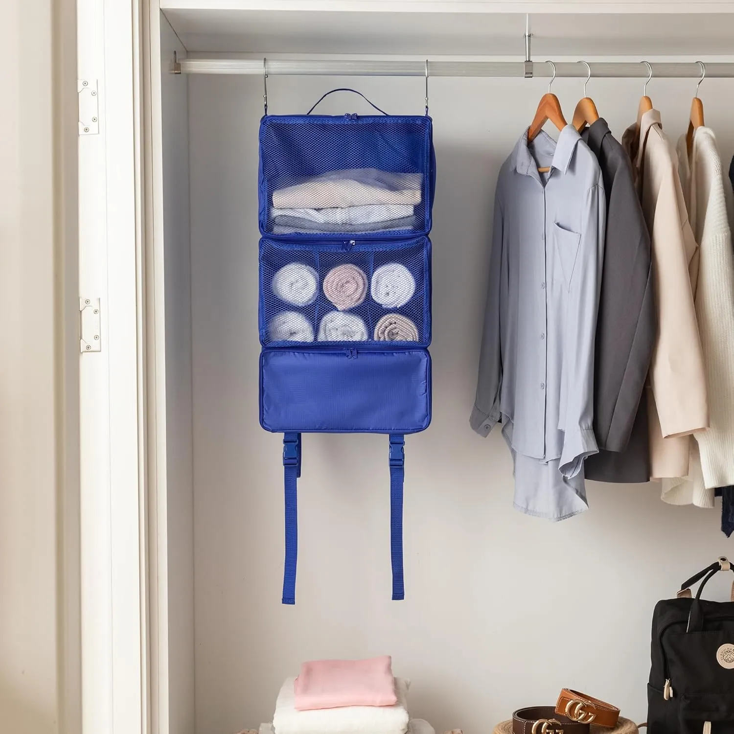 GRANNY SAYS Compression Packing Cubes for Travel, Extra Large Hanging Luggage Organizer, 3-Shelf Foldable Hanging Travel Shelves with 2 Hooks and Window, Packing Cubes for Carry on Suitcase Organizer