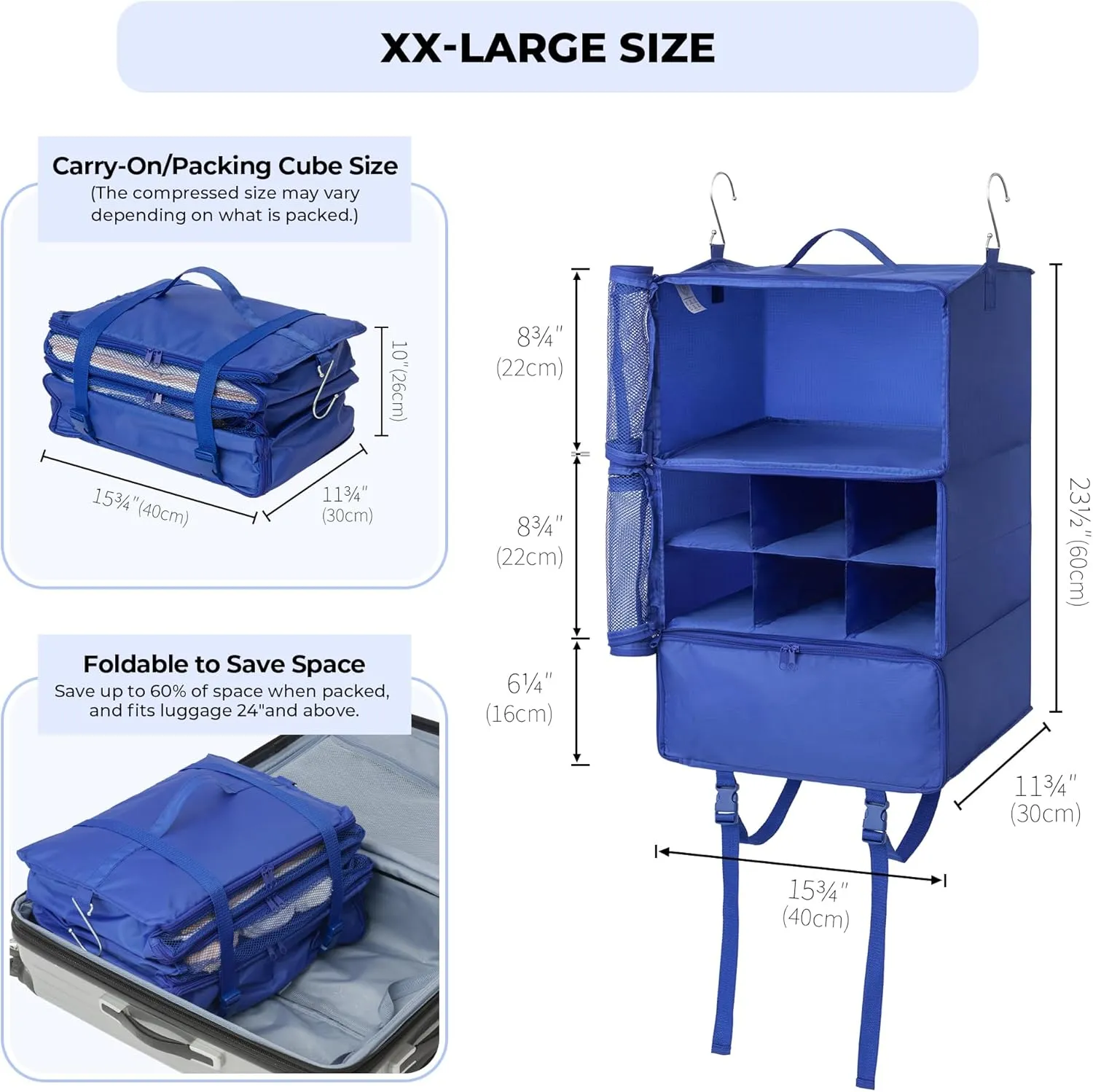 GRANNY SAYS Hanging Packing Cubes for Travel, Large Portable Hanging Suitcase Organizer, Foldable Compression Luggage Organizer Bags for Clothes, Carry on Closet Suitcase, XXL-Blue Travel Shelves