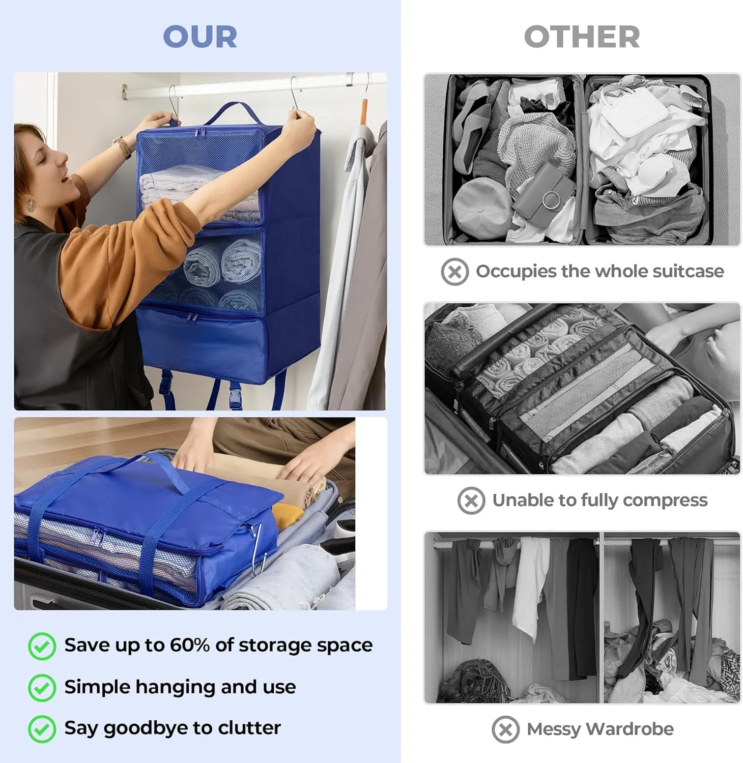 GRANNY SAYS Hanging Packing Cubes for Travel, Large Portable Hanging Suitcase Organizer, Foldable Compression Luggage Organizer Bags for Clothes, Carry on Closet Suitcase, XXL-Blue Travel Shelves