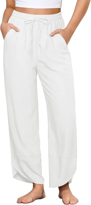 GRAPENT Linen Pants Women High Waisted Wide Leg Casual Beach Pull On Elastic Waist Summer Cropped Pants with Pockets