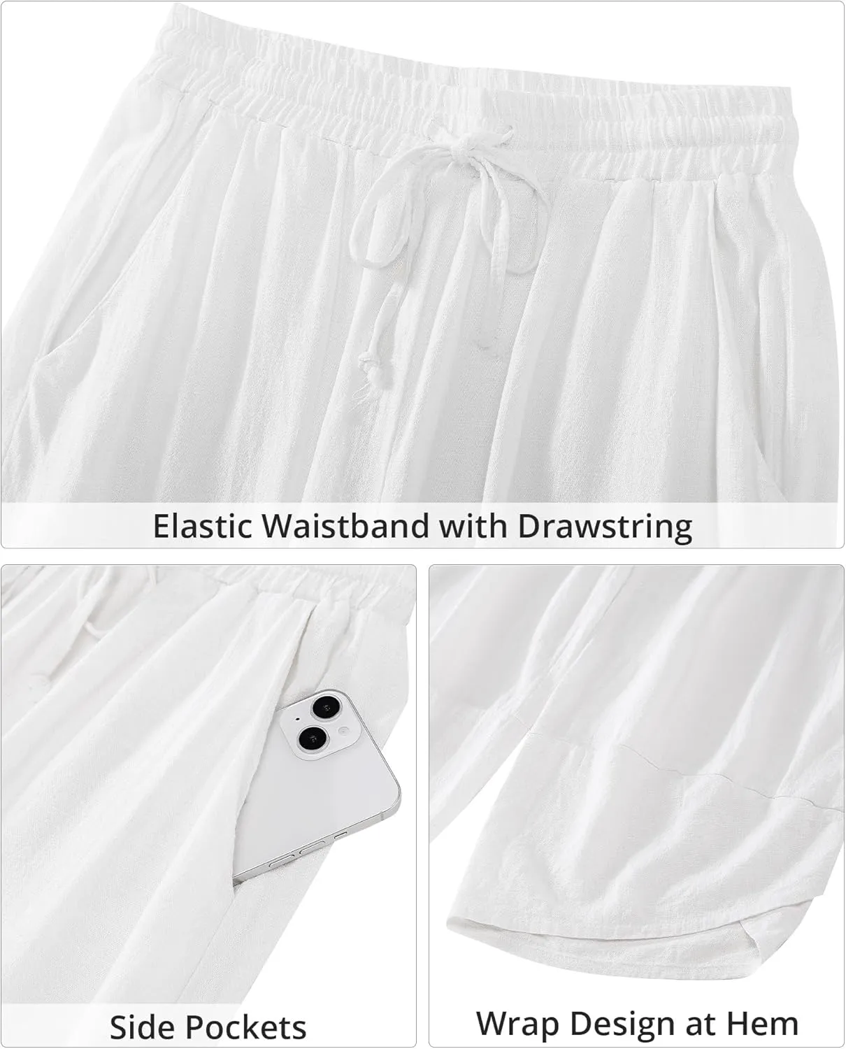 GRAPENT Linen Pants Women High Waisted Wide Leg Casual Beach Pull On Elastic Waist Summer Cropped Pants with Pockets