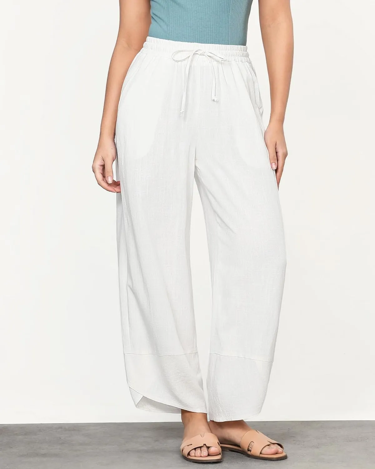 GRAPENT Linen Pants Women High Waisted Wide Leg Casual Beach Pull On Elastic Waist Summer Cropped Pants with Pockets