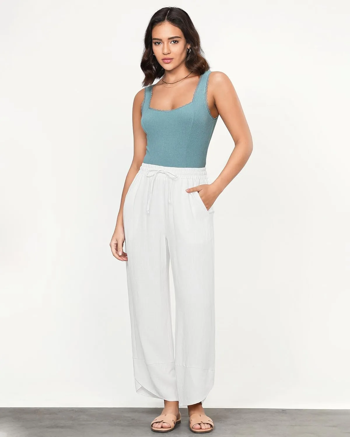 GRAPENT Linen Pants Women High Waisted Wide Leg Casual Beach Pull On Elastic Waist Summer Cropped Pants with Pockets