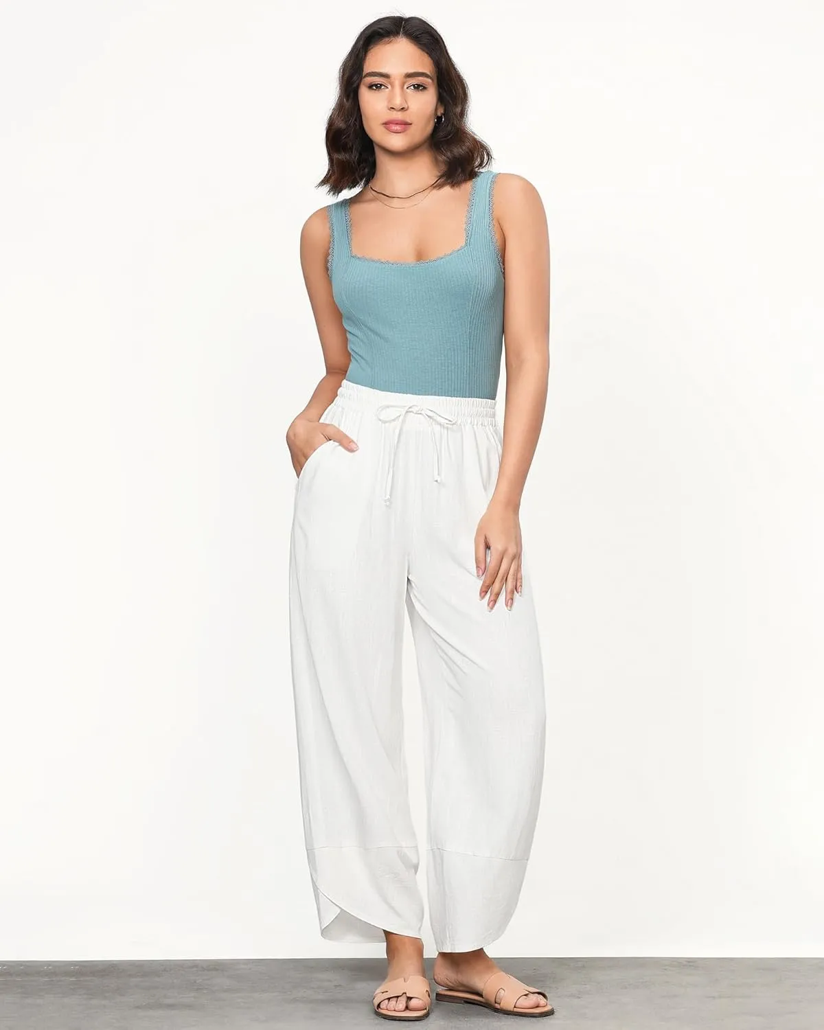 GRAPENT Linen Pants Women High Waisted Wide Leg Casual Beach Pull On Elastic Waist Summer Cropped Pants with Pockets