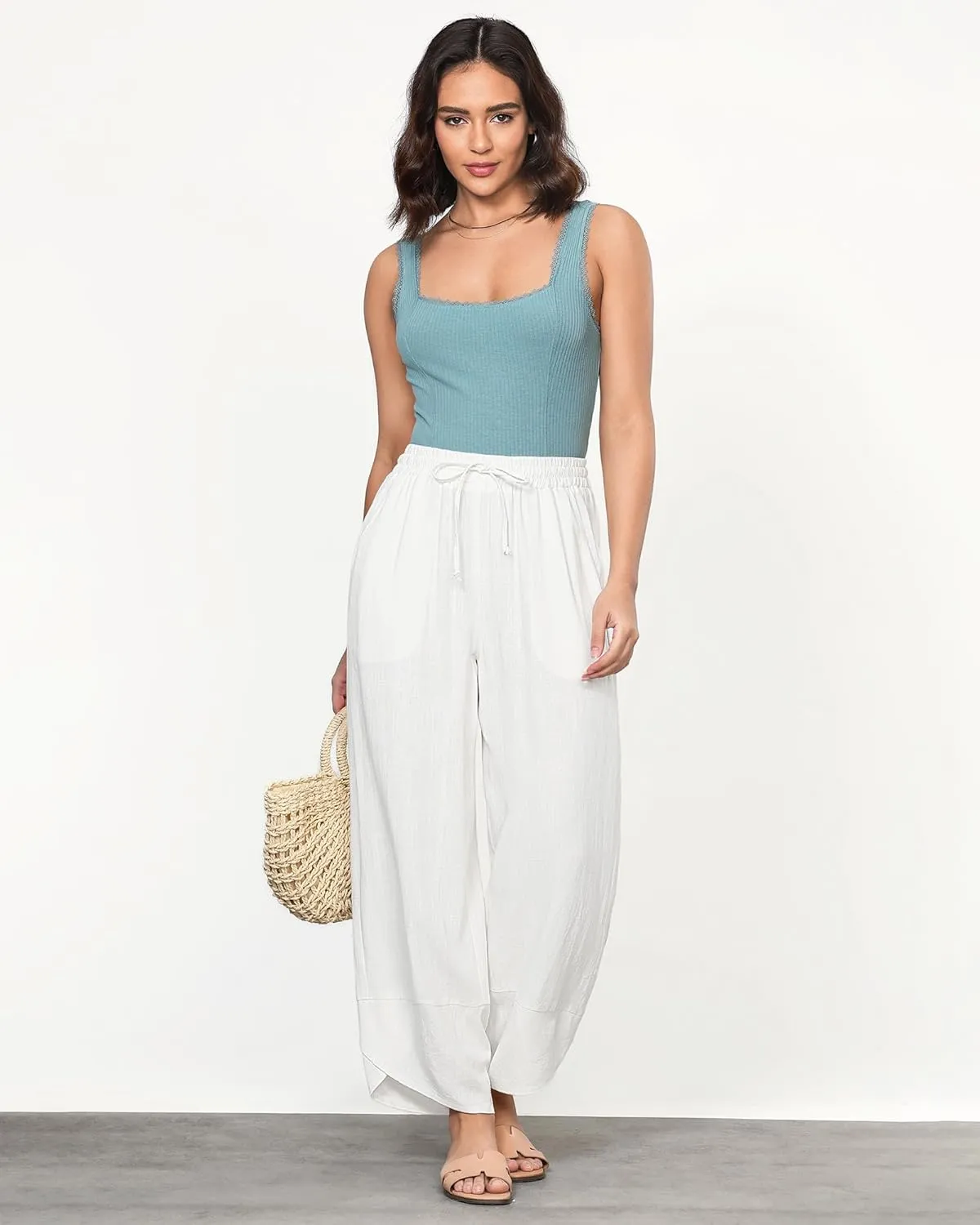 GRAPENT Linen Pants Women High Waisted Wide Leg Casual Beach Pull On Elastic Waist Summer Cropped Pants with Pockets