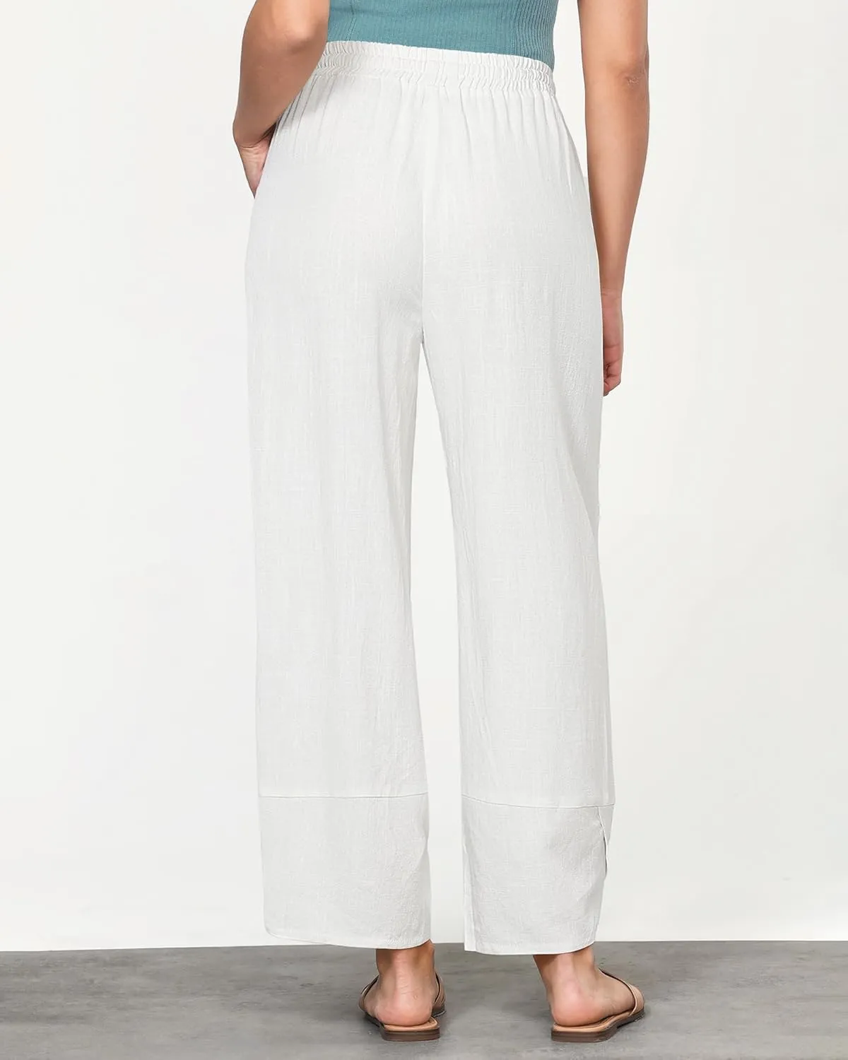 GRAPENT Linen Pants Women High Waisted Wide Leg Casual Beach Pull On Elastic Waist Summer Cropped Pants with Pockets