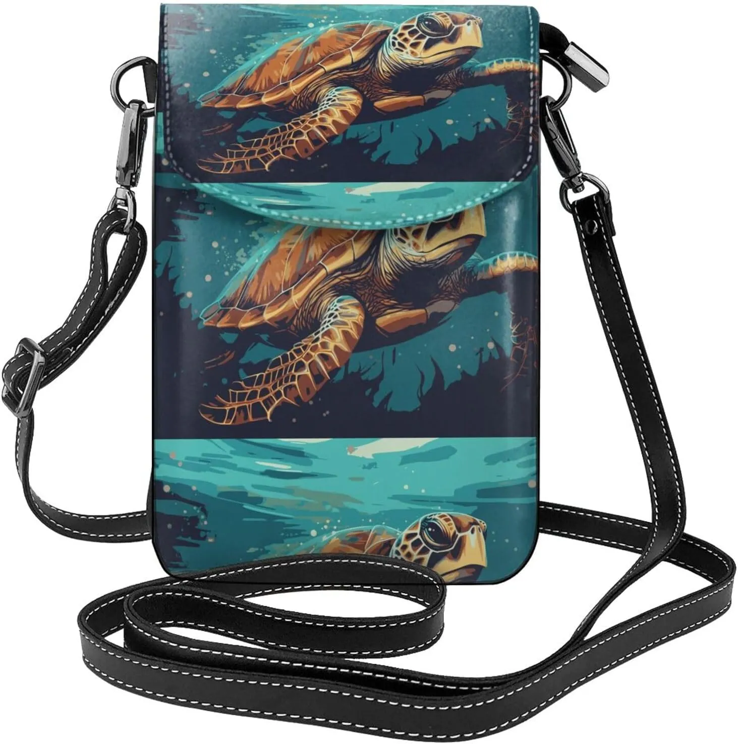 Green Turtle in Sea Water Print Small Crossbody Bags for Women Leather Cell Phone Purses Mini Leather Shoulder Handbag Adjustable Strap