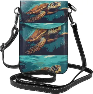 Green Turtle in Sea Water Print Small Crossbody Bags for Women Leather Cell Phone Purses Mini Leather Shoulder Handbag Adjustable Strap