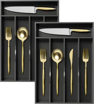 Greenual 2 Pack Black Silverware Organizer 10 In Utensil Organizer Silverware Tray for Drawer Cutlery Flatware Organizer for Kitchen Bamboo Wood