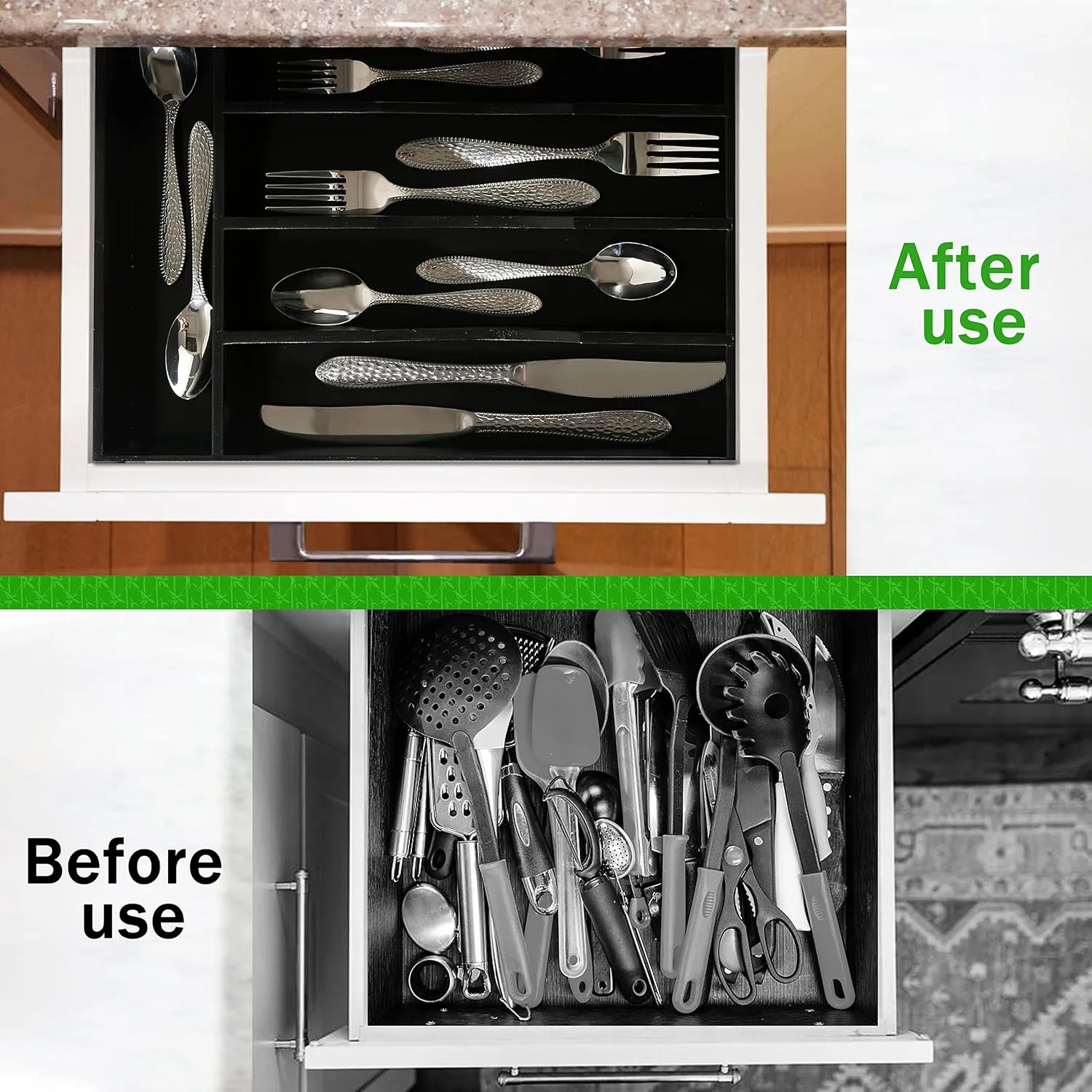 Greenual 2 Pack Black Silverware Organizer 10 In Utensil Organizer Silverware Tray for Drawer Cutlery Flatware Organizer for Kitchen Bamboo Wood