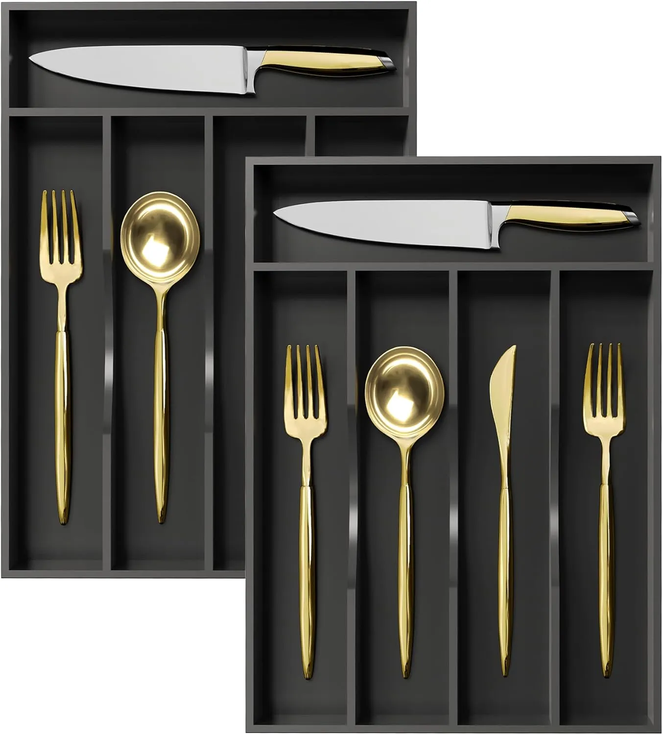 Greenual 2 Pack Black Silverware Organizer 10 In Utensil Organizer Silverware Tray for Drawer Cutlery Flatware Organizer for Kitchen Bamboo Wood