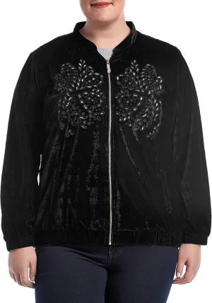 GREY Plus Size Embroidered Eyelet Velvet Jacket 2X Black