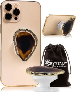 Grips by CRYSTALFY Brown Agate Irregular Shape Crystal Phone Grip Holder & Expanding Kickstand - Natural Gemstone Swappable Top Accessory for iPhone, iPad, Kindle & Mobile Devices