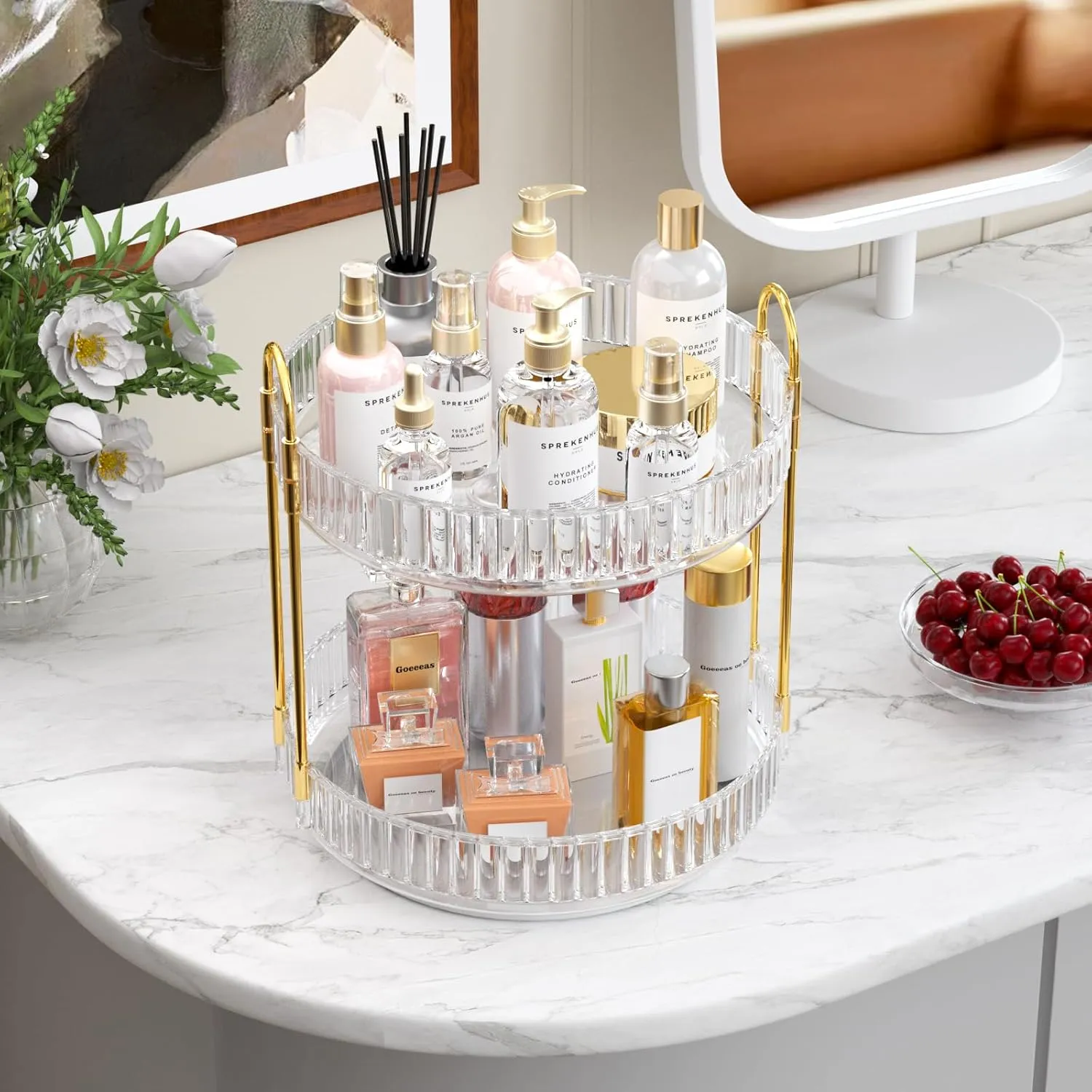 GTI 360° Rotating Makeup Organizer, 2 Tier Bathroom Counter Organizer,Large Capacity Perfume Cosmetics Skincare Vanity Organizers, Dresser Spinning Countertop Organizer and Storage for Women (Clear)