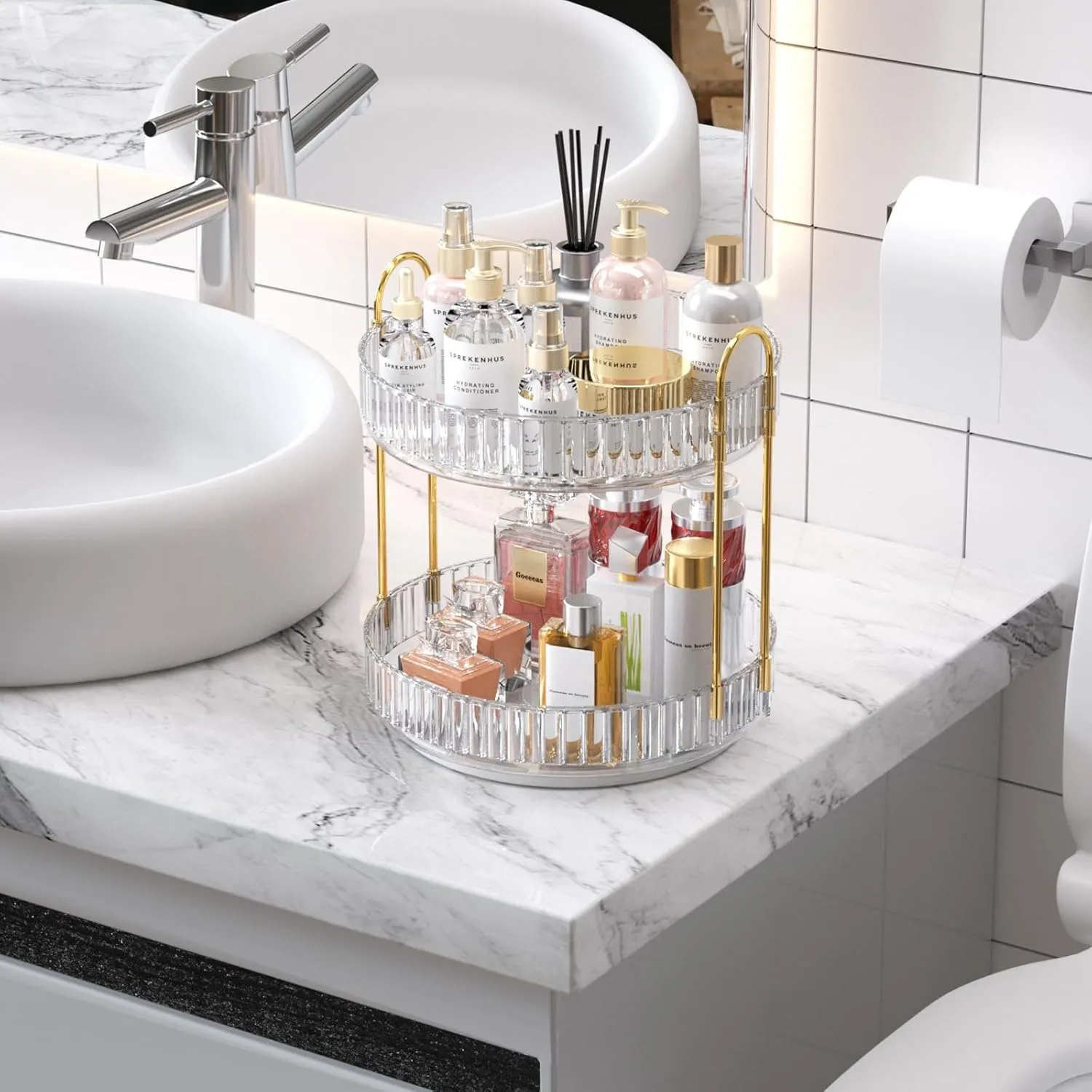 GTI 360° Rotating Makeup Organizer, 2 Tier Bathroom Counter Organizer,Large Capacity Perfume Cosmetics Skincare Vanity Organizers, Dresser Spinning Countertop Organizer and Storage for Women (Clear)