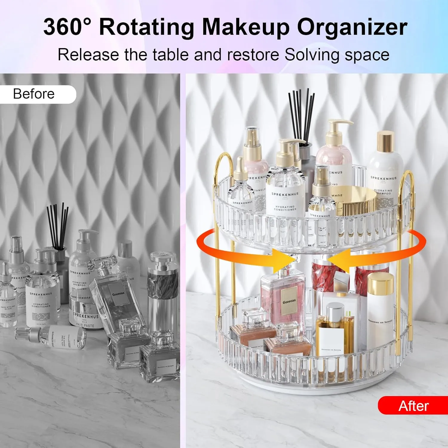 GTI 360° Rotating Makeup Organizer, 2 Tier Bathroom Counter Organizer,Large Capacity Perfume Cosmetics Skincare Vanity Organizers, Dresser Spinning Countertop Organizer and Storage for Women (Clear)