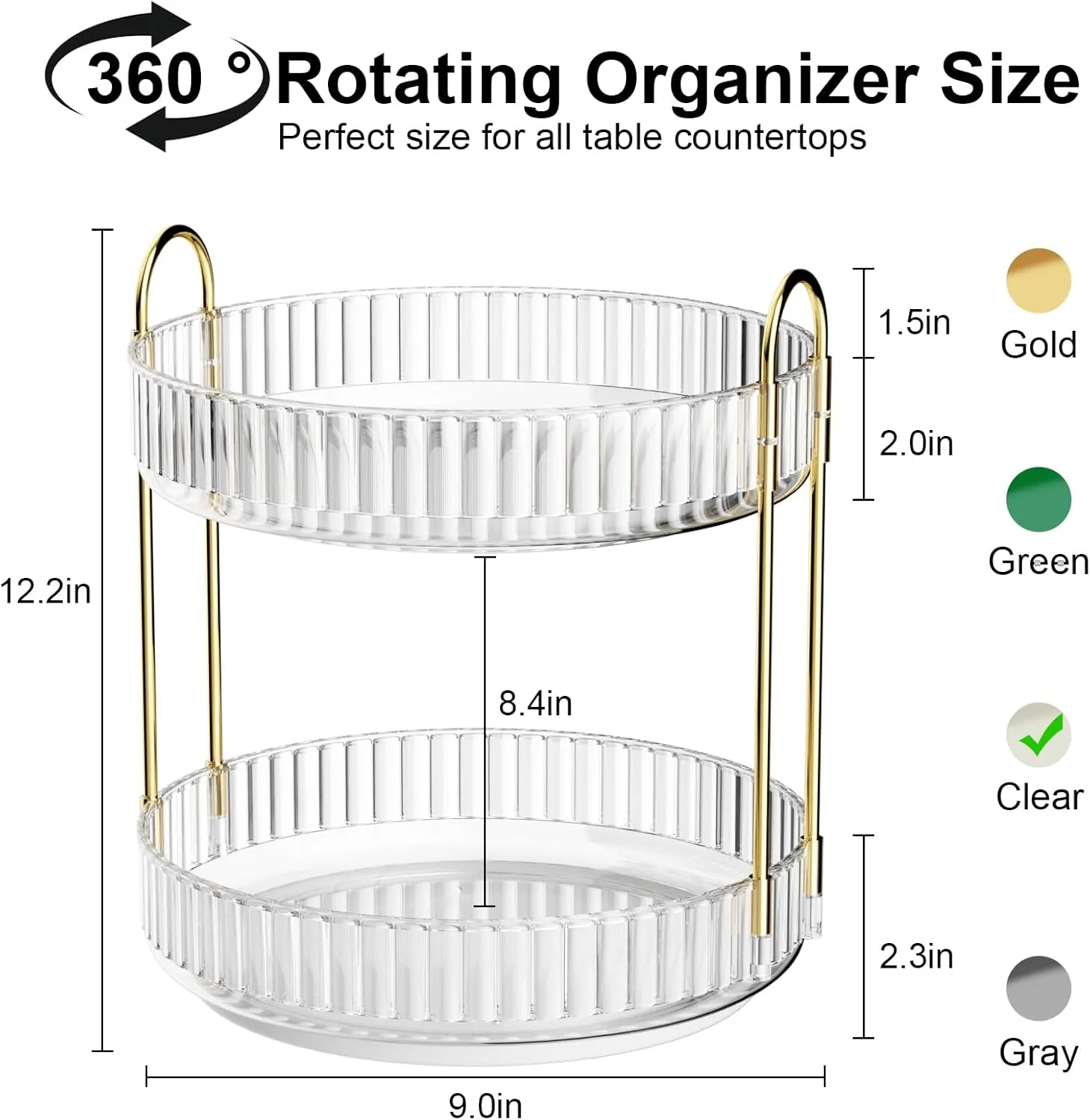 GTI 360° Rotating Makeup Organizer, 2 Tier Bathroom Counter Organizer,Large Capacity Perfume Cosmetics Skincare Vanity Organizers, Dresser Spinning Countertop Organizer and Storage for Women (Clear)