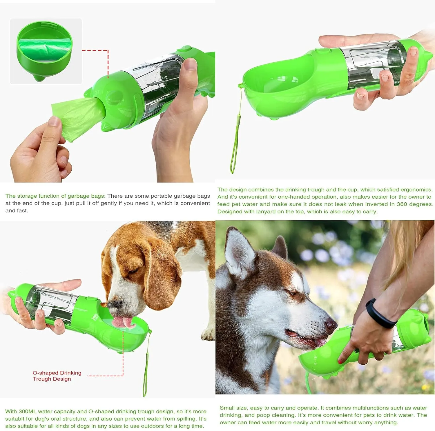Guardians Dog Water Bottle, Portable Pet Travel Water Bottle Bowl Dispenser with Drinking Feeder Bowl Poop Bag for Dogs Small Pets Walking, Traveling, Hiking (Green)