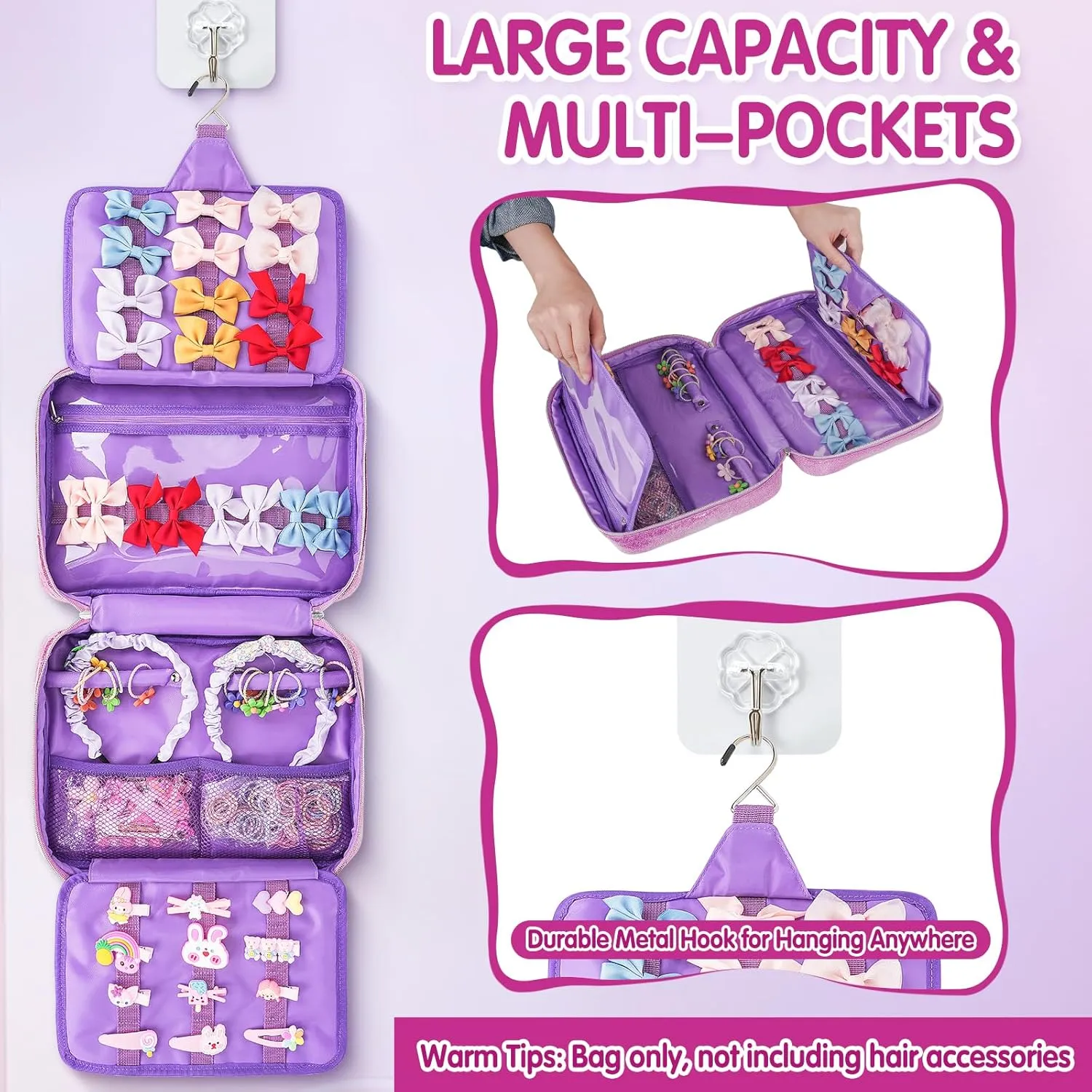 Hair Accessories Organizer, Shiny Bow Holder for Baby Girls, Travel Hair Storage Bag for Hair Clips, Headbands, Scrunchies and Hair Ties(Purple)