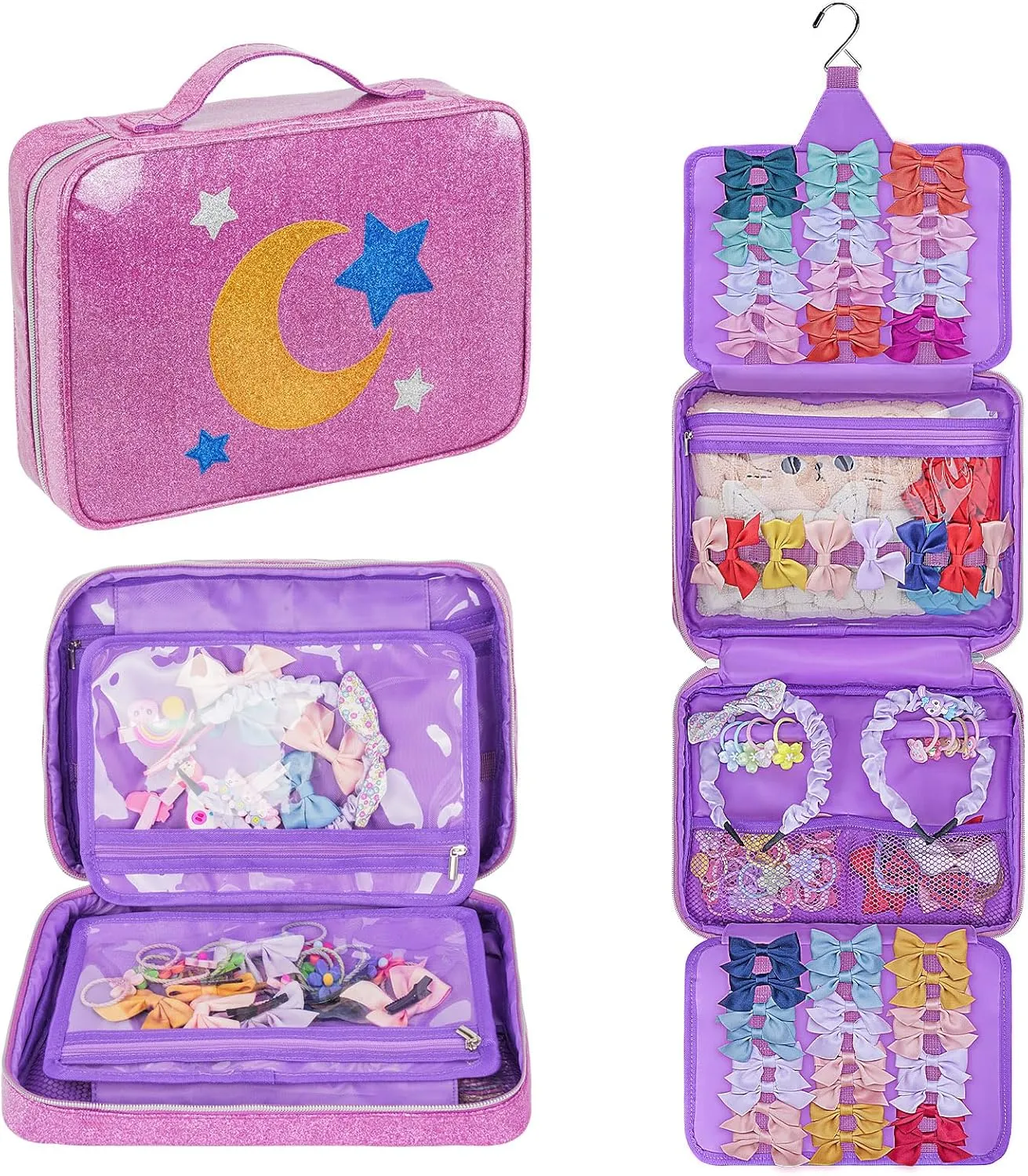 Hair Accessories Organizer, Shiny Bow Holder for Baby Girls, Travel Hair Storage Bag for Hair Clips, Headbands, Scrunchies and Hair Ties(Purple)